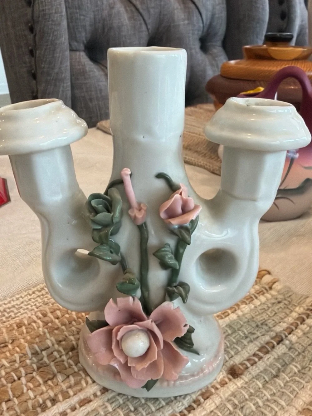 Porcelain Pink Floral 3-Arm Candle Holder